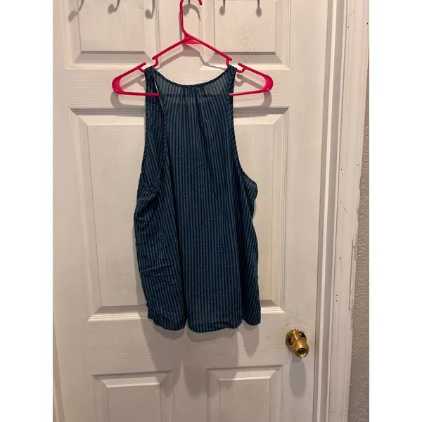 Lou & Grey‎ Womens Teal Black Striped Cotton Tank Top Scoop Neck Large Lagenlook - Image 6