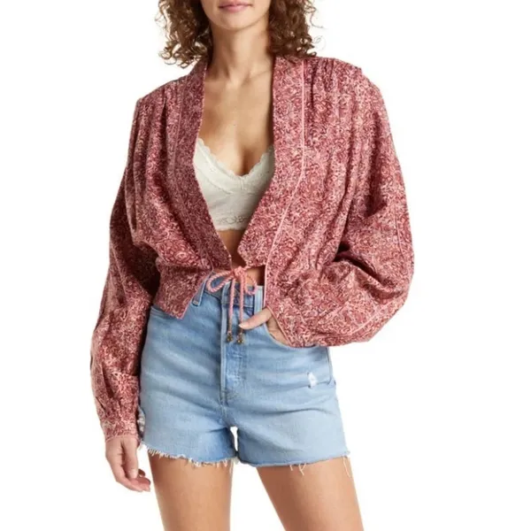 Free People Rosalina Tie Front Jacket New Barbie Barbie Core Cropped Paisley‎ - Image 2