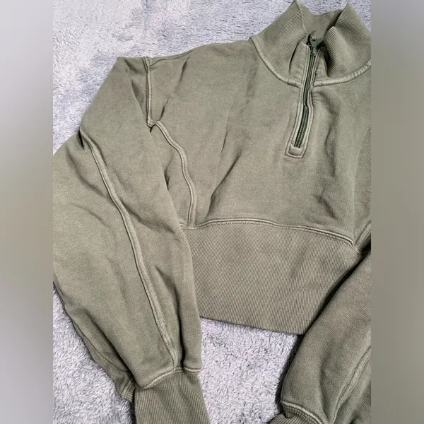 Aerie offline Olive Green Quarter-Zip cropped Pullover small - Image 2