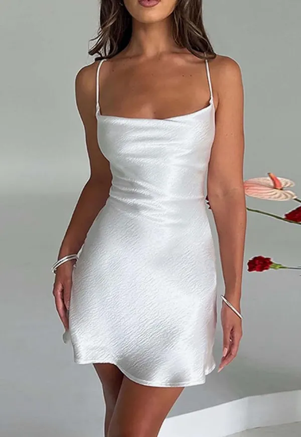 White Satin Mini Dress - Image 2