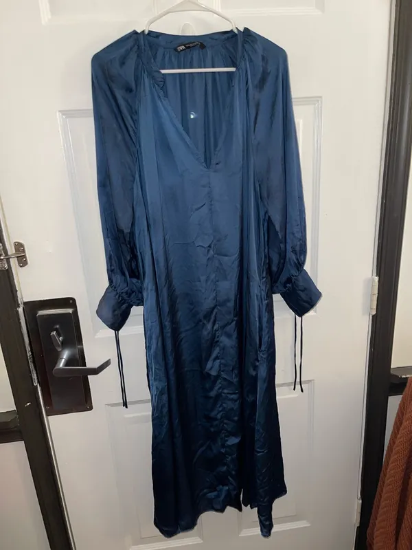 Zara Teal-Blue Satin Midi Dress Size Medium - Image 6