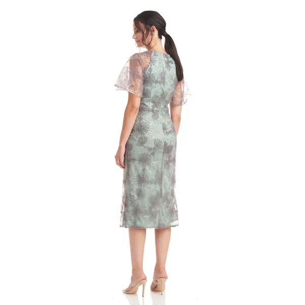 JS Collections Remy Sage Embroidered Flutter Sleeve Sheath Cocktail Midi Dress 6 - Image 3
