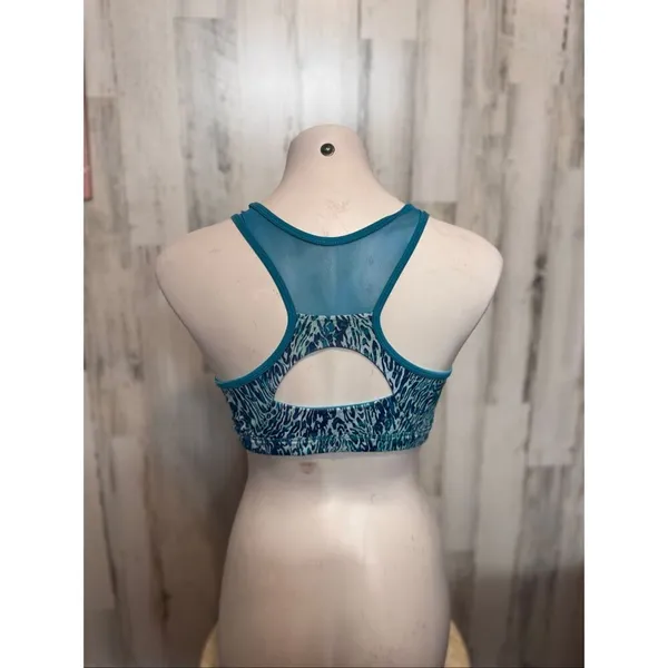 Blue Teal Cheetah Animal Print Sports Bra Womens Medium Racerback Mesh Cutout - Image 2