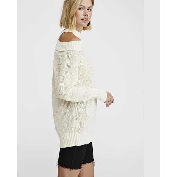 Free People‎ Sweater Womens Medium Ivory Boho Cold Shoulder Mock Neck OB994777 - Image 3