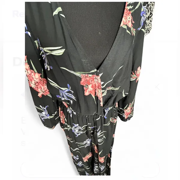 JAASE Black Floral Wide Leg V Neck Half Sleeve Elastic Waist Jumpsuit Size Large - Image 2