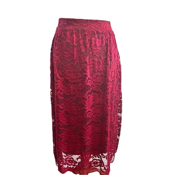 Lace Midi Skirt Burgundy Floral Scalloped Hem High Waist Size Small - Image 2