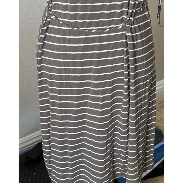 Calvin Klein Dress Sz 12 Striped Short Sleeve Green Olive Knee Length Minimalist - Image 9