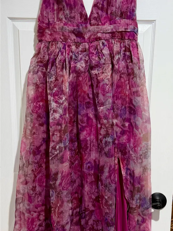 Lulu's Fuchsia Floral Chiffon Maxi Skirt with Deep V - Image 2