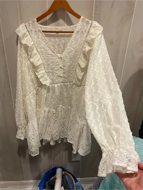 Cute ruffle Pol creamy vanilla lace ruffle peasant mini dress boho gypsy dream - Image 6