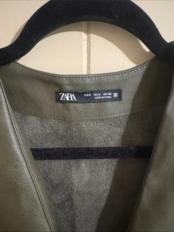 Zara Olive Green Faux Leather V-Neck Dress with Ruffle Hem - Image 4