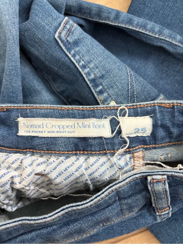 Voyageur by Mersea Nomad Cropped Mini Bootcut Flare Blue Denim Stretch Jeans 25 - Image 9