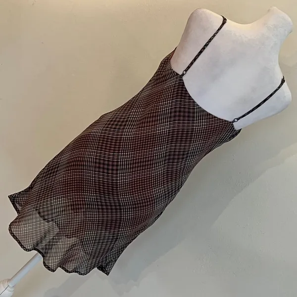 Urban Outfitters Plaid Mesh Mini Slip Dress Brown Mauve Ruched Bust Size M - Image 3