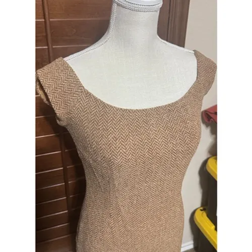 Ralph Lauren Black Label Wool Herringbone Tweed Sheath Dress Beige Midi Sz 2 - Image 3