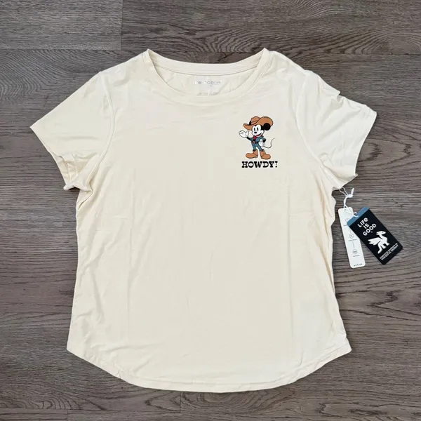 Life Is Good Active Disney Mickey Mouse Howdy Graphic Tee Women's L NWT Cream - Image 2