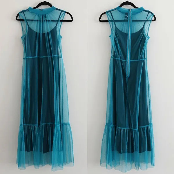 DKNY Blue & Black Mesh 2PC Layered Mock Neck Sleeveless Midi Dress Set Size XS - Image 2