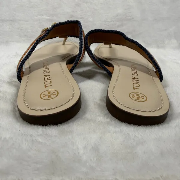 Tory Burch Eleanor Thong Sandal Beige Multi Striped Canvas Gold Chain Flat 5.5 - Image 4