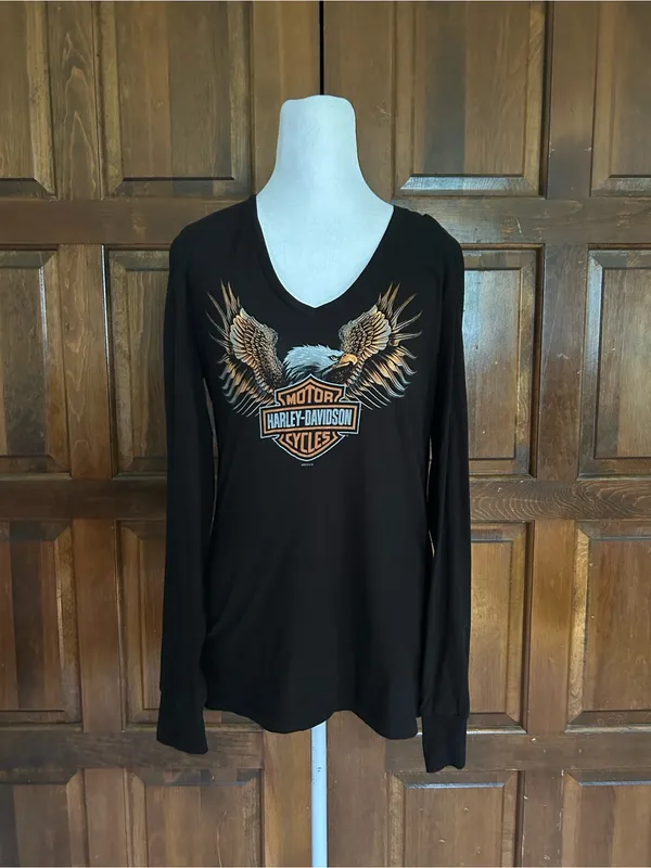 Harley-Davidson Women M‎ Black Long Sleeve V-Neck Eagle Graphic Shirt Bumpus TN - Image 2