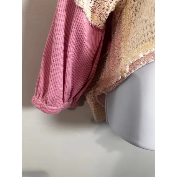 POL Womens‎ Pink Patchwork Waffle Knit Crochet Lace V-Neck Oversized Top Medium - Image 5