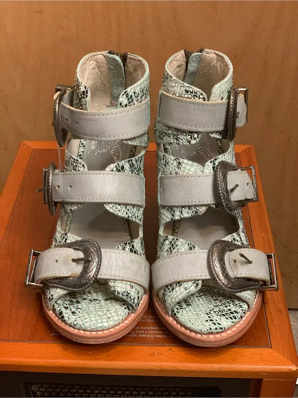 FreeBird Turquoise Snakeskin Buckle Heeled Sandals Size-8 Boho Western - Image 3