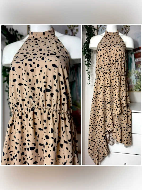 Shein Beige Black Cheetah Print Halter Ruffle Asymmetric Dress XL 12 Stretch - Image 2