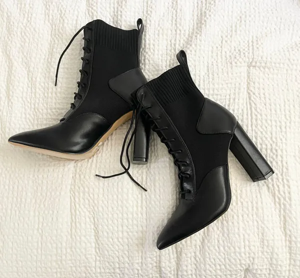 Pointed laced tie faux leather contrast pull on knit ankle boots - Image 4