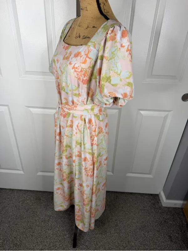 Gibson Latimer Floral Puff Sleeve Midi Dress Belted Size L - Image 6