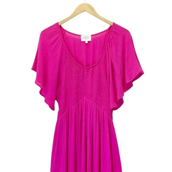 Bohme Saltwater Smocked Midi Dress Large Fuchsia Pink Flutter Sleeve Boho - Image 5