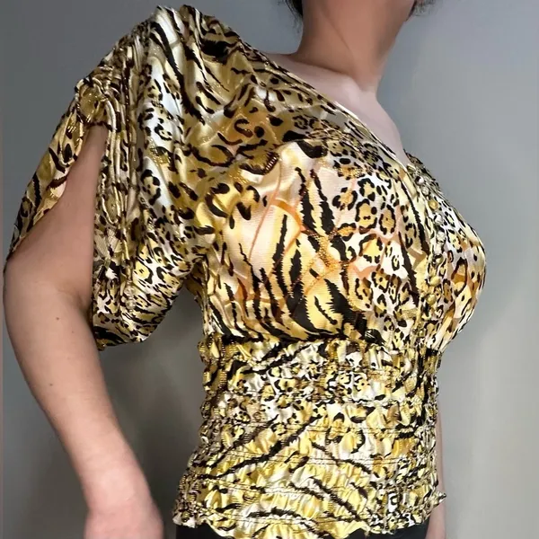 Cache Vintage 1980s Gold Cheetah Print Silk Dolman‎ Blouse Cinched Waist Women S - Image 6