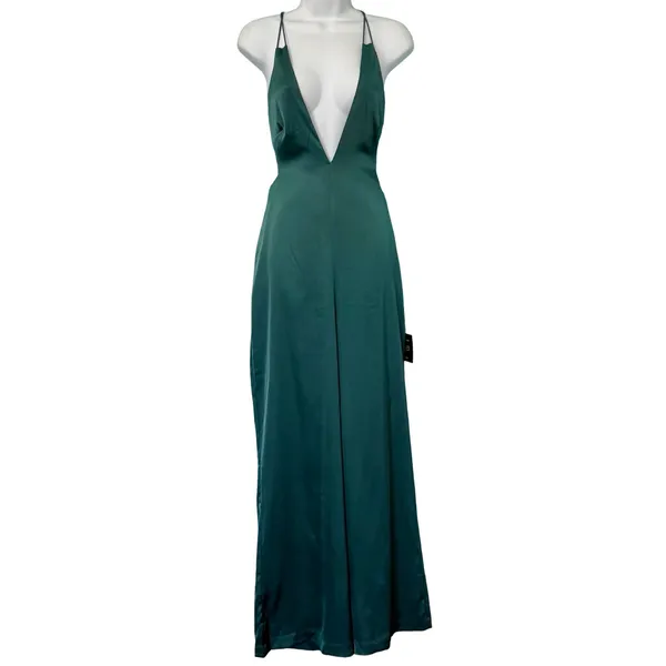Lulus Hold That Pose Emerald Green Strappy Glam Satin Jumpsuit size XS NEW Tags - Image 2