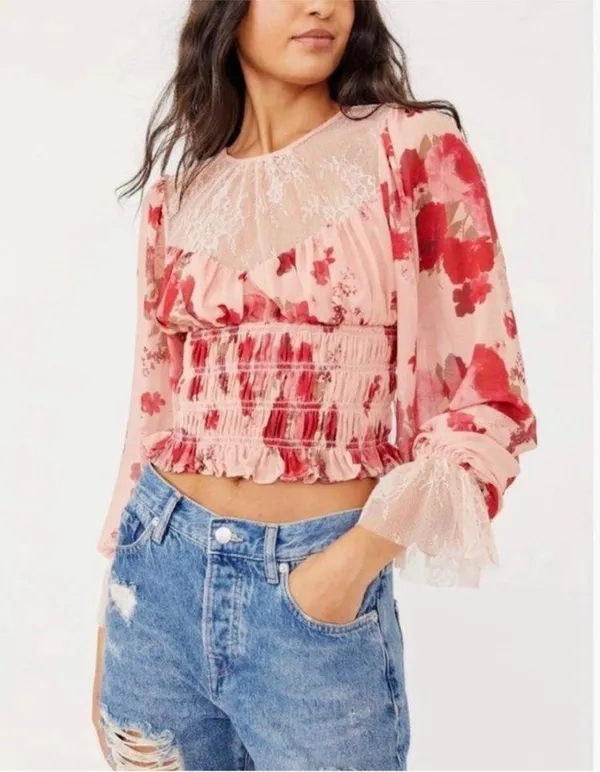 Free People red and pink lace top - Image 4