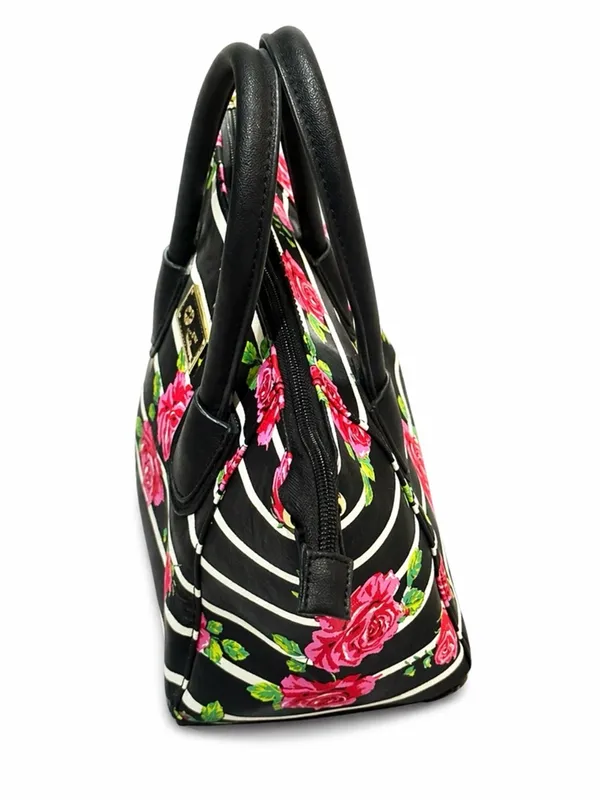 Betsey Johnson Floral Stripe Satchel Black Pink Rose Mini Handbag Y2K - Image 8