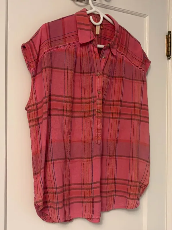 Pilcro Anthropologie Serena surf blouse embroidered plaid size medium oversized - Image 3