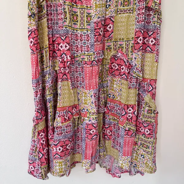 Anthropologie Robin Tiered Ruffle V-Neck Mini Dress Colorful Patchwork Print - Image 3