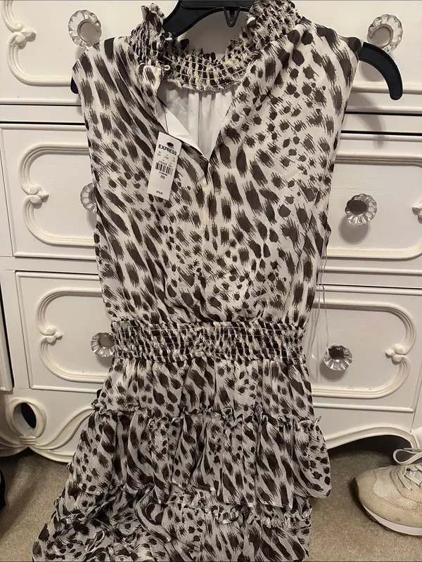 Express Brown and Cream Smocked Neck Animal Print Dress - Image 3