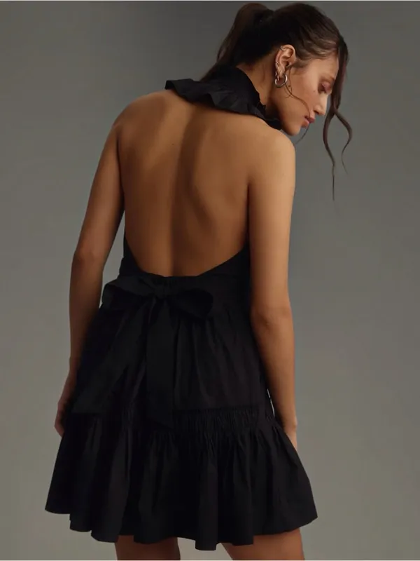 Anthropologie Black V-Neck Belted Halter Mini Dress Size Small - Image 2
