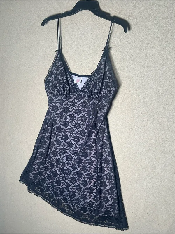 Black Lace Overlay V-Neck Chemise Slip dress - Lingerie fully lined Large - Image 3