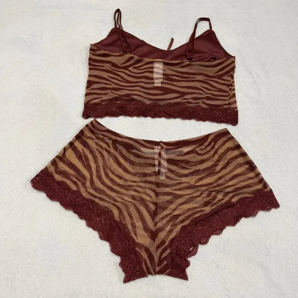 Brown Zebra-Print Lace Trim Cami and Shorts Sleep Set - Image 3