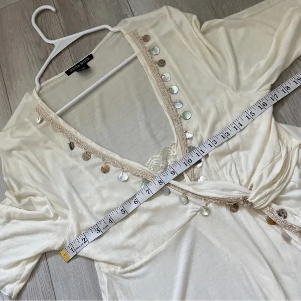 Boston Proper V Neck Sequined Top Cream (Large) y2k boho hippie half sleeve - Image 3
