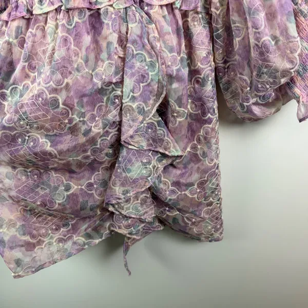 Elliatt Resorts Mini Dress Medium Lilac Multi Floral Embroidered Smocked Cottage - Image 3