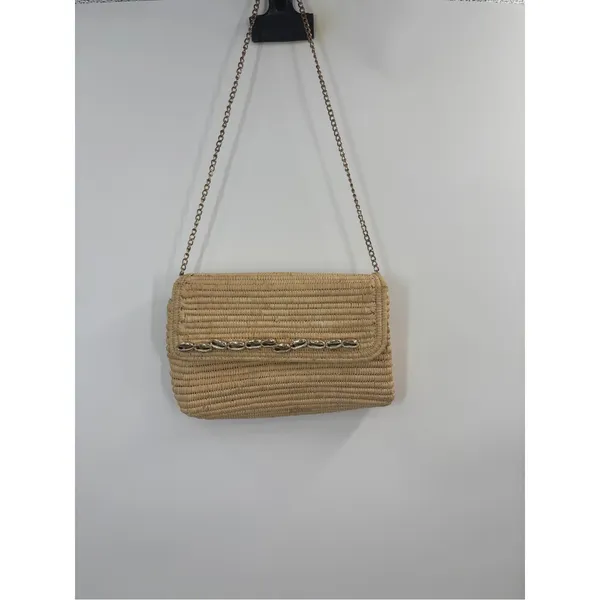 Poolside Gold Chain Women's Clutch Beige Seashell Raffia Crossbody - Image 4