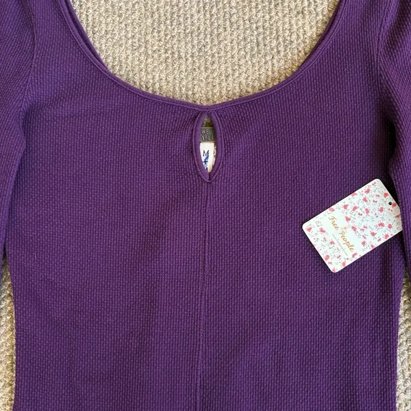 NWT Free People Mod Stripe Cuff Waffle Knit Top Purple Size Medium - Image 6