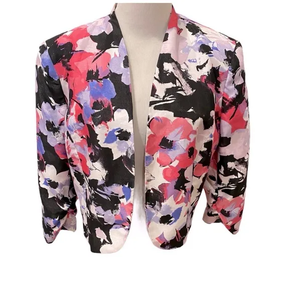 Retro Floral Waist Jacket Pink Black 14 Open Front Evan Picone Black Label - Image 3