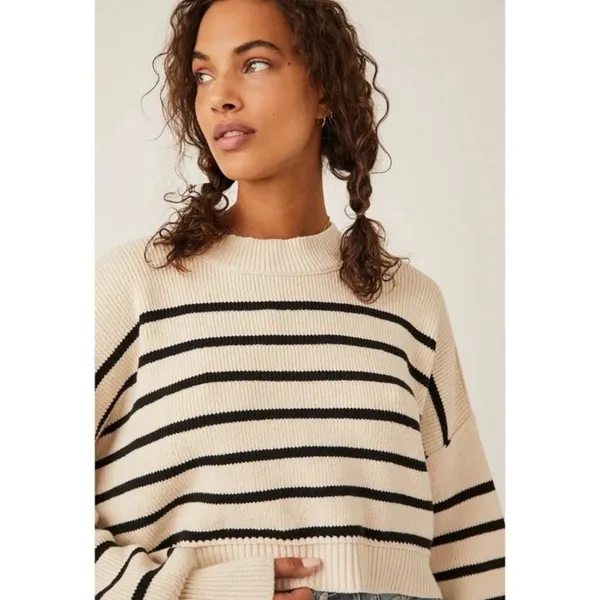 Free People Easy Street Stripe Crop Pullover Medium Cream Black Coastal Preppy - Image 7