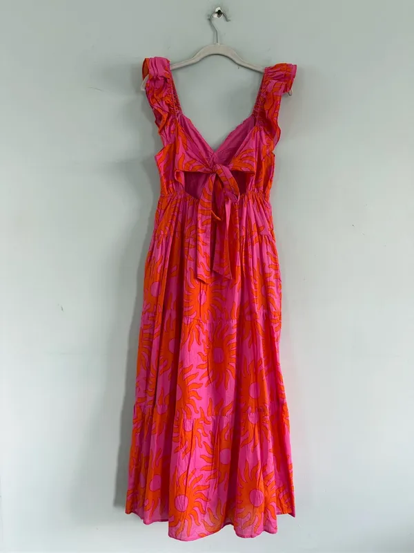 NWT J.Marie Mara Ruffle Sleeve Sunshine‎ Print Pink Boho Tie Back Midi Dress - Image 5