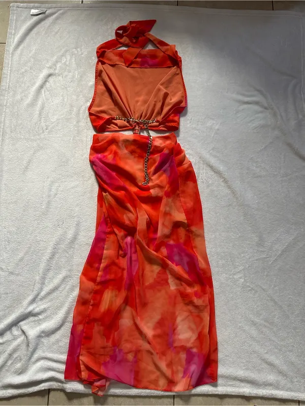 Hello Molly Golden Hour Drinks Midi Dress Orange Size 2 XS Cutout Chain Back - Image 14