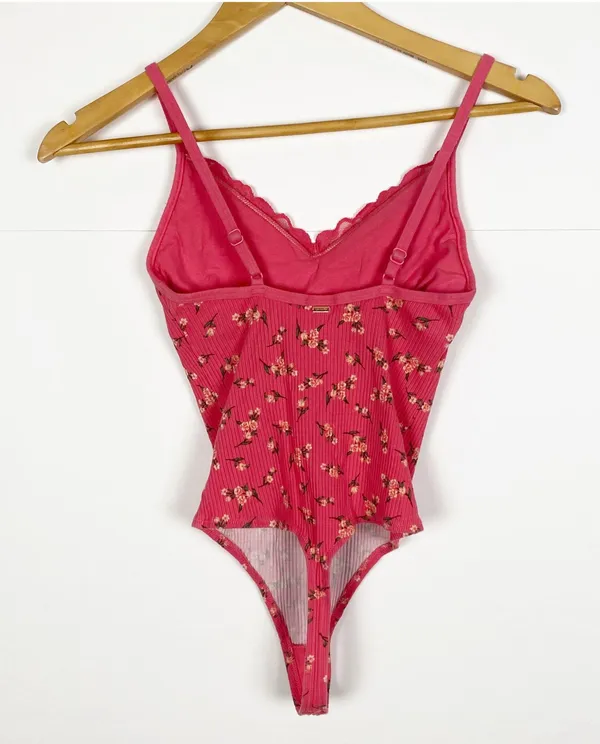 Victoria's Secret PINK Floral Print Lace Trim Cami Bodysuit Size Small - Image 2