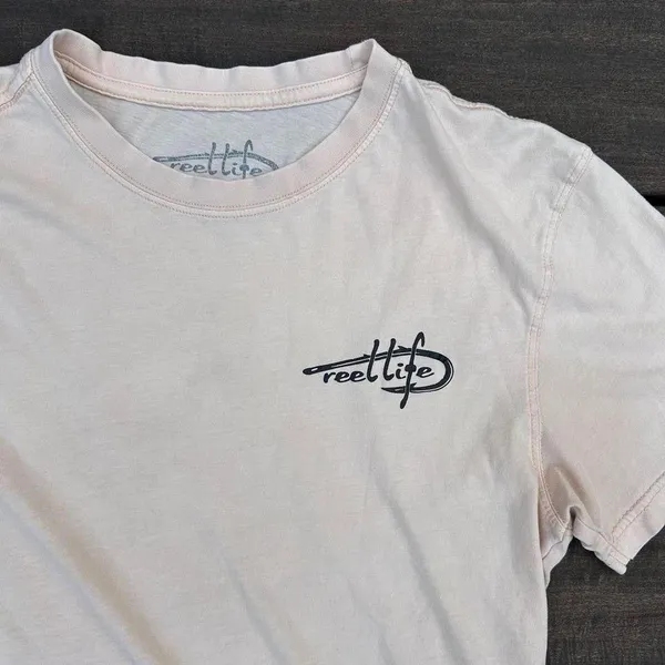 Reel Life Pale Pink Short Sleeve Graphic Tee T-Shirt w/ Purple/Blue Fish Design - Image 4