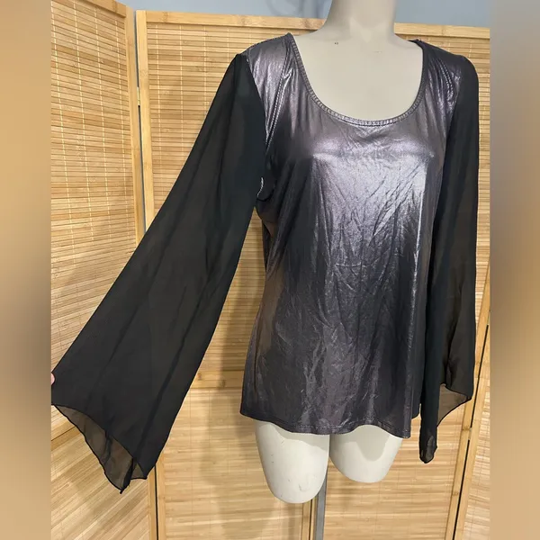Dots purplish silver metallic blouse sheer black sleeves top shirt woman’s XL - Image 2