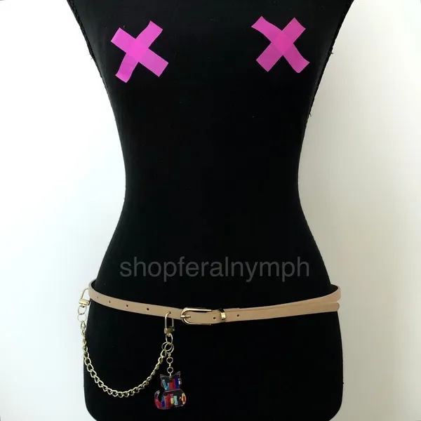 Tan Y2K Bookworm Cat Charm Skinny Chain Belt, Fits 33.5-35 Inches, X7GA1243 - Image 2