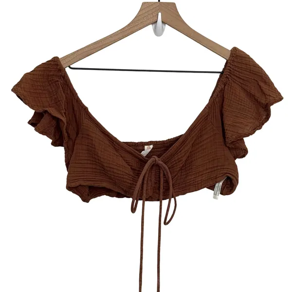 Anthropologie Daily Practice The Jerry Cinched Crop Top Cotton Brown Medium - Image 3